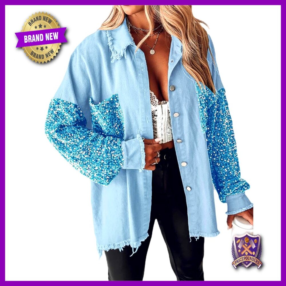 Oversized Denim Shacket Sequin Patchwork Long Sle… - image 1